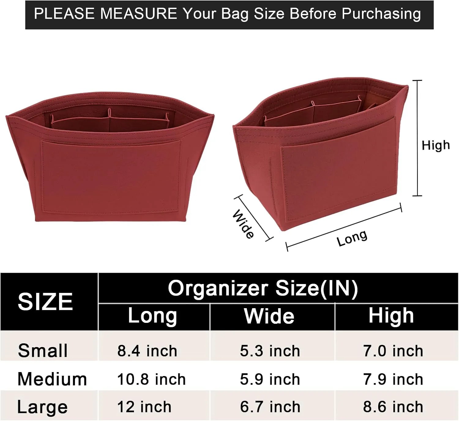 Upgraded Felt Organizer Insert for Longchamp Le Pliage L Handbag Insert (BurGundy, Large)
