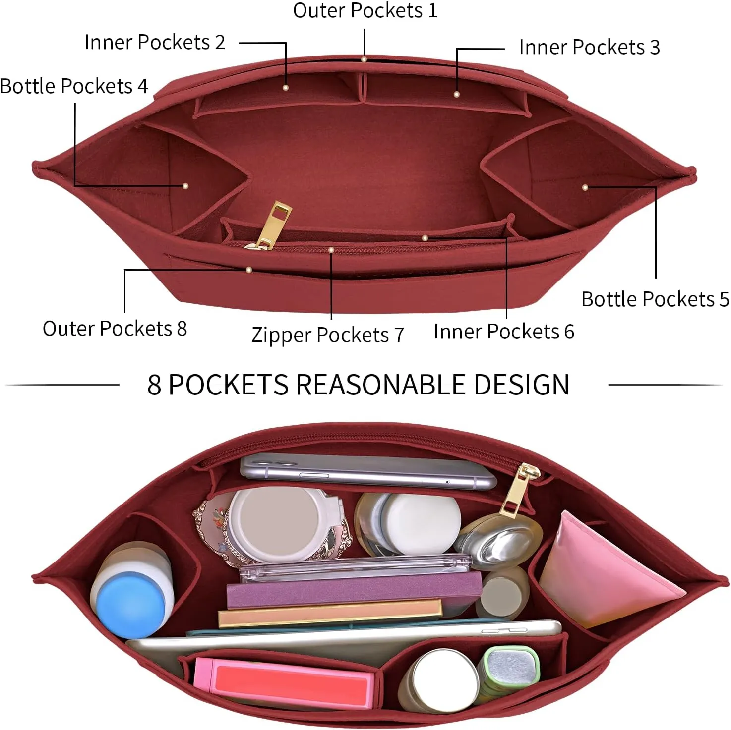 Upgraded Felt Organizer Insert for Longchamp Le Pliage L Handbag Insert (BurGundy, Large)