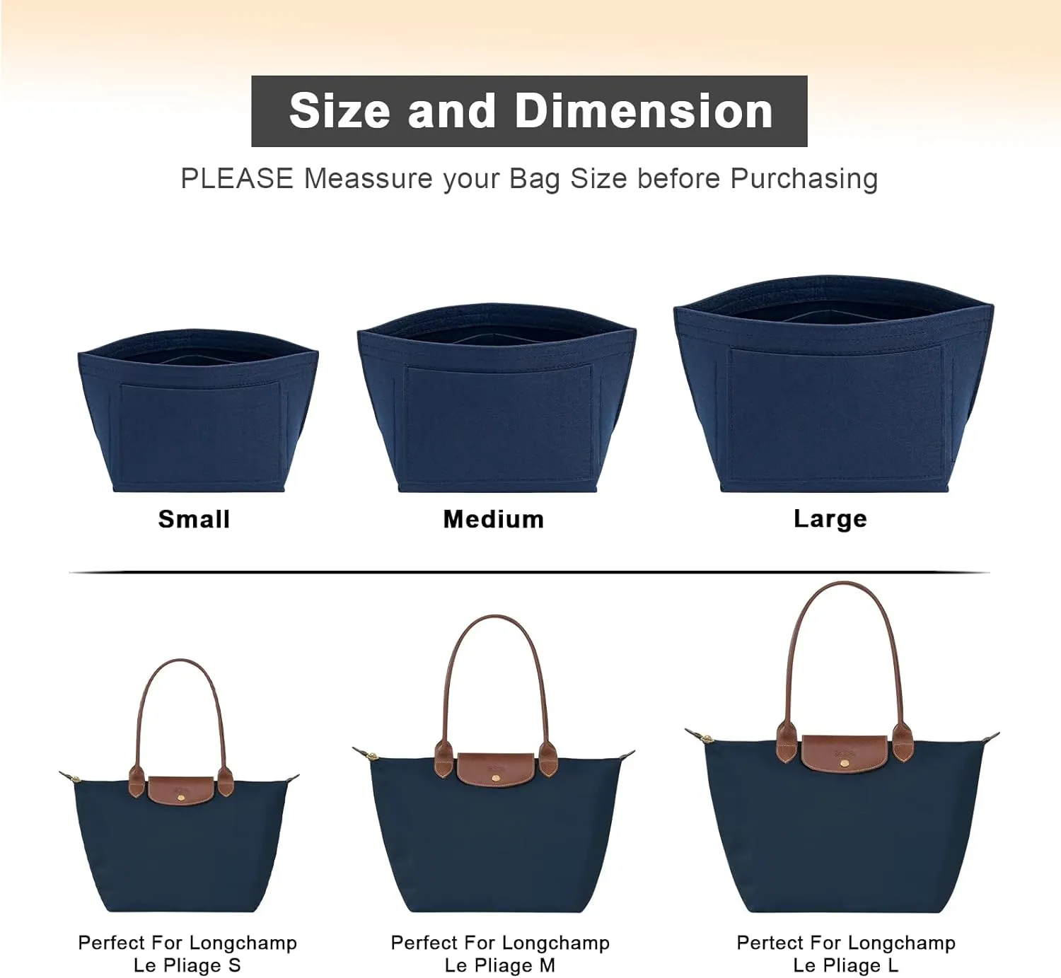 Upgraded Felt Organizer Insert for Longchamp Le Pliage M Handbag Insert (DarkBlue, Medium)