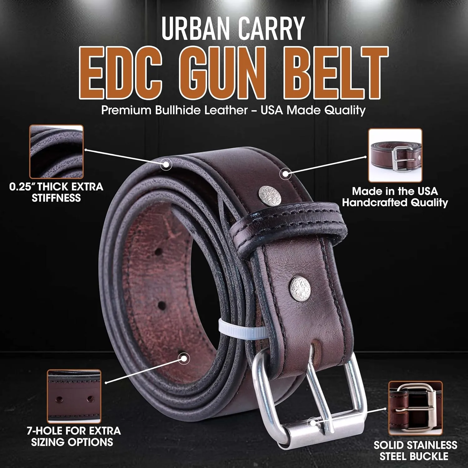 Urban Carry Premium EDC Belt - USA Made Bullhide Leather Concealed Carry Holster Belt | Single-Ply 1.5" Wide | Tactical CCW