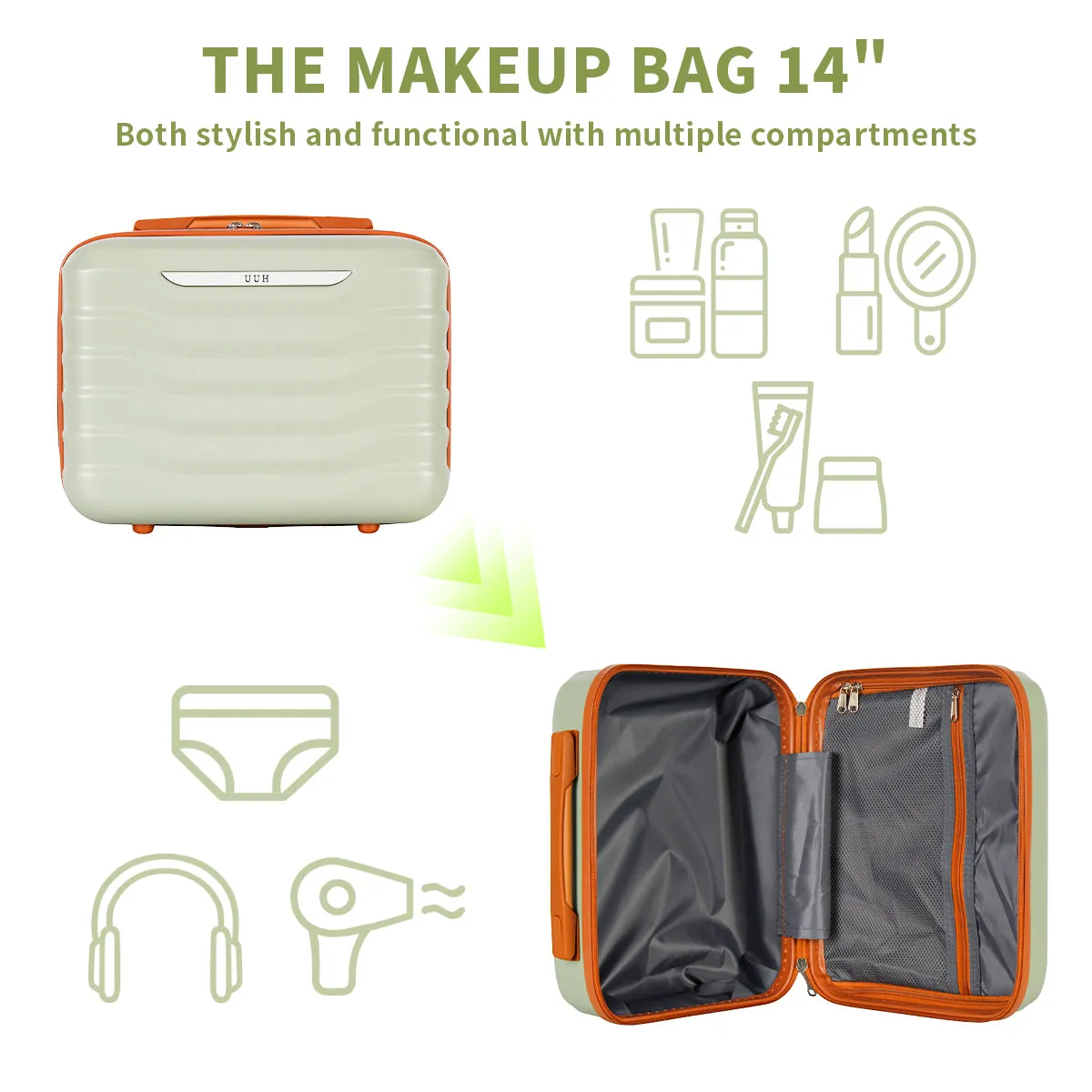 UUH Luxe - 5 Piece Luggage Set (8",14",20",24",28") Bags with 3 Storage and Makeup Bag