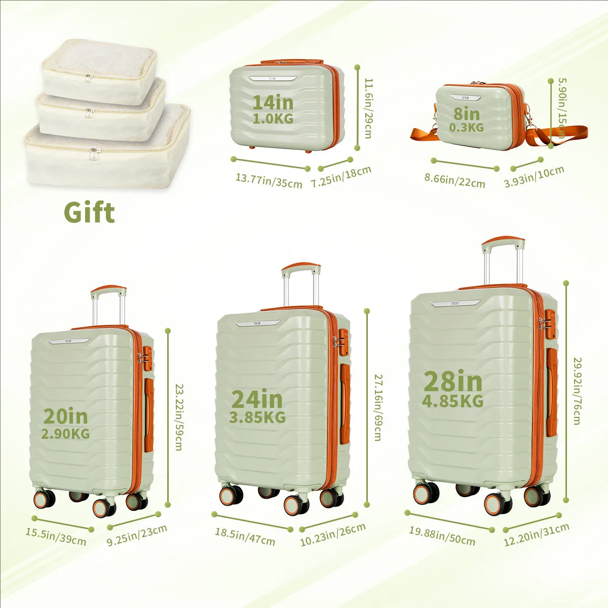 UUH Luxe - 5 Piece Luggage Set (8",14",20",24",28") Bags with 3 Storage and Makeup Bag