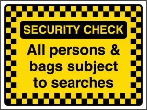 V Safety Security Check - All Persons & Bags Subject To Searches - Pattern Border 600 x 450 mm - Self Adhesive Vinyl Safety Sign