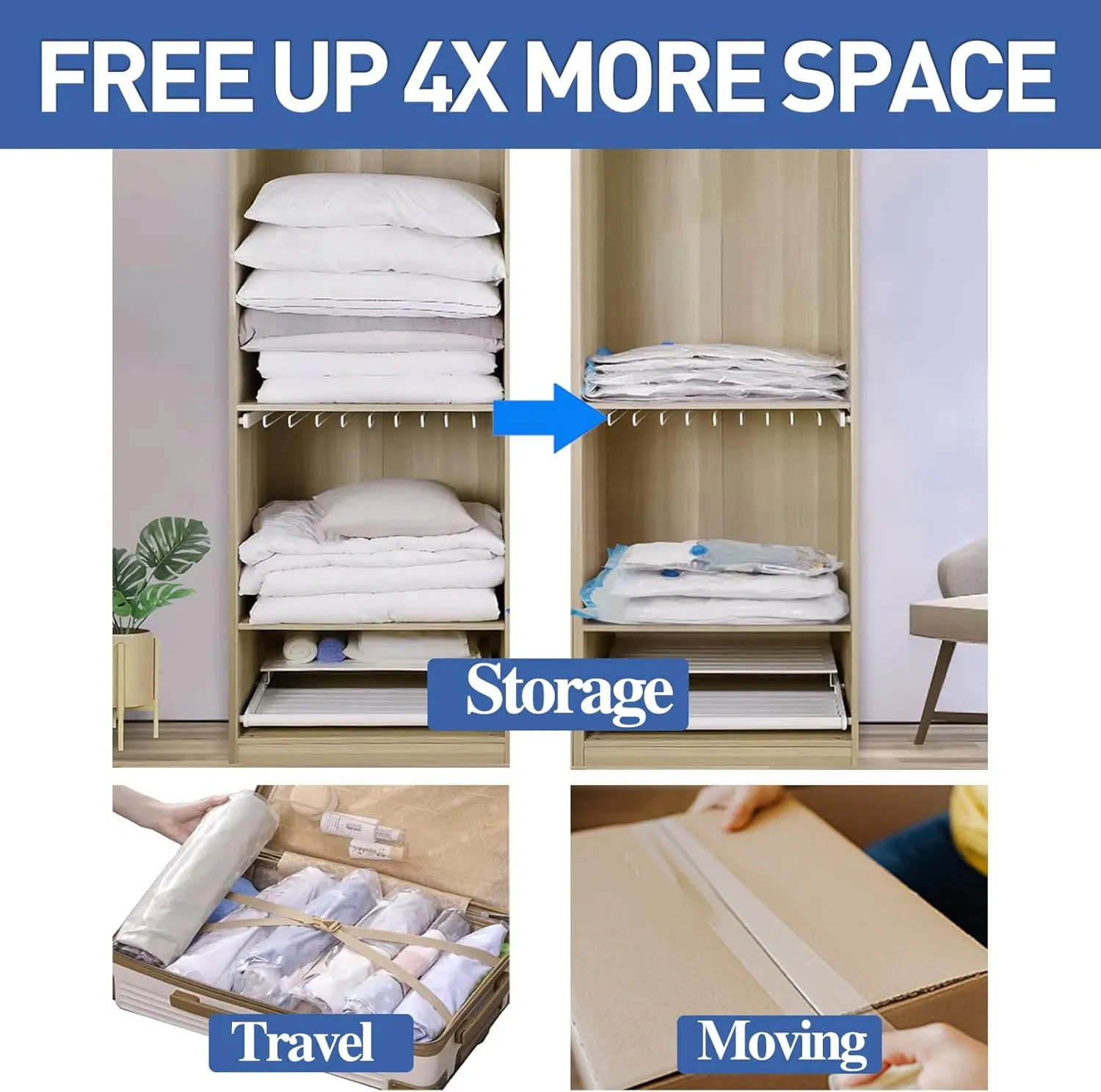 Vacuum Storage Bags, 10 Large Space Saver Bags Compression for Comforters, Bedding and Blankets, Vacuum Sealed Bags Clothes Storage Travel Essentials