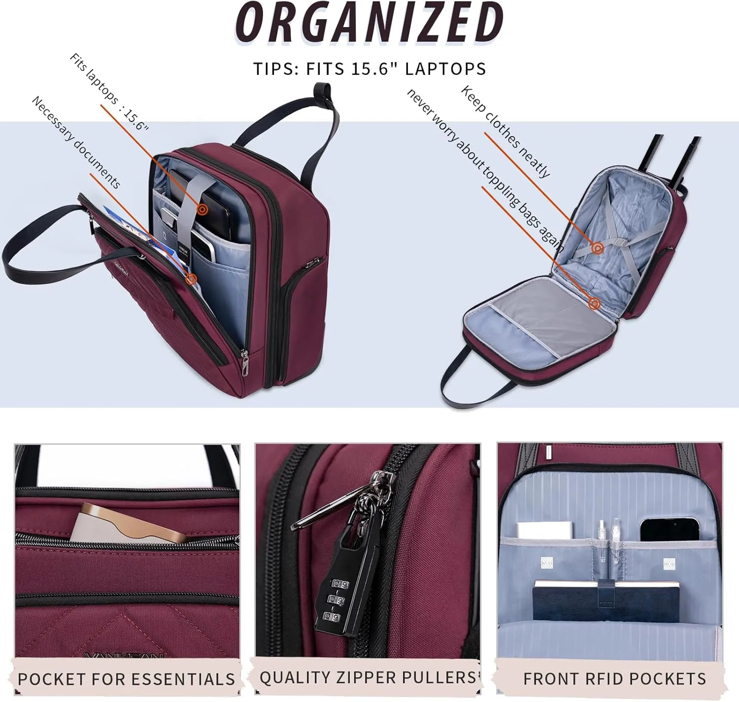 VANKEAN Carry On Underseat 16-inch Multi-functional Underseater Lightweight Overnight Suitcase with Wheels, Roller Case for Men Women Travel Business, Burgundy
