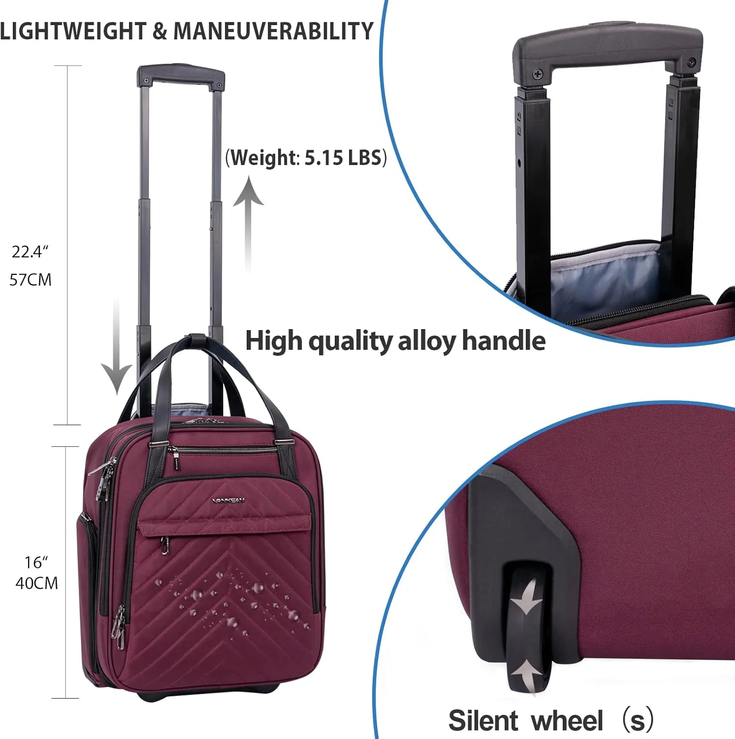 VANKEAN Carry On Underseat 16-inch Multi-functional Underseater Lightweight Overnight Suitcase with Wheels, Roller Case for Men Women Travel Business, Burgundy