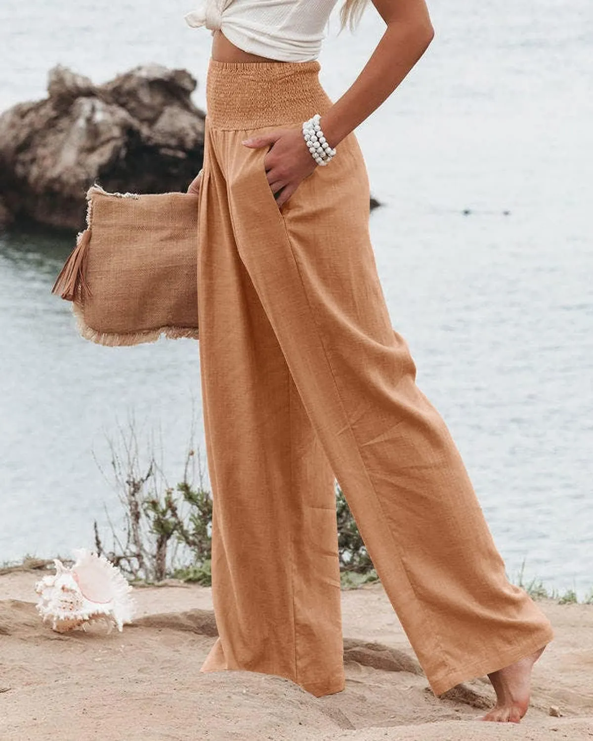 Vansha Women Summer High Waisted Cotton Linen Palazzo Pants Wide Leg Long Lounge Pant Trousers with Pocket