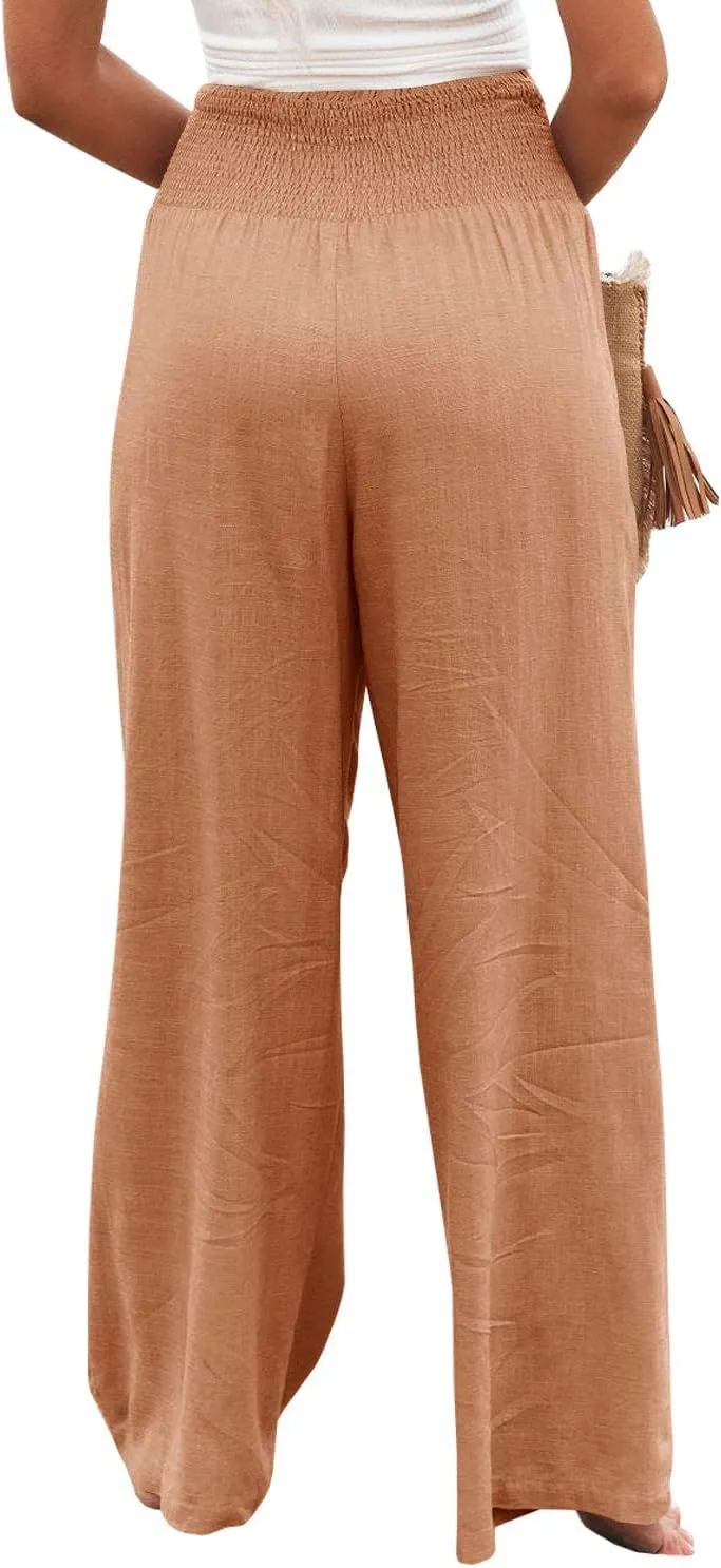 Vansha Women Summer High Waisted Cotton Linen Palazzo Pants Wide Leg Long Lounge Pant Trousers with Pocket