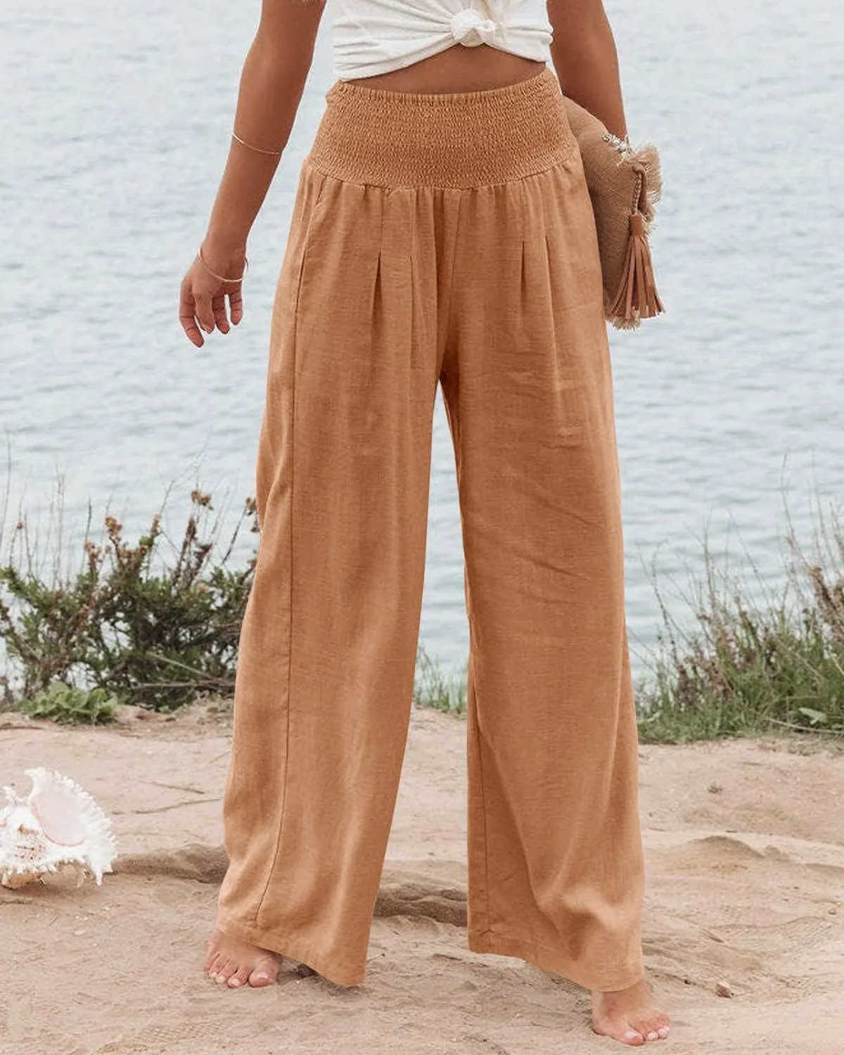 Vansha Women Summer High Waisted Cotton Linen Palazzo Pants Wide Leg Long Lounge Pant Trousers with Pocket