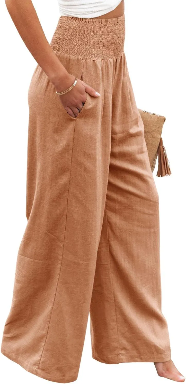 Vansha Women Summer High Waisted Cotton Linen Palazzo Pants Wide Leg Long Lounge Pant Trousers with Pocket