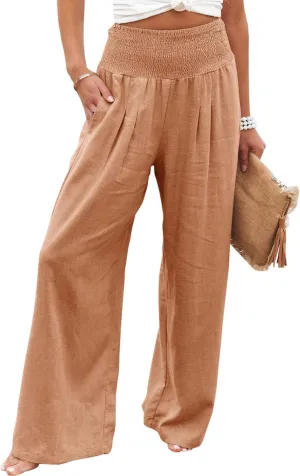 Vansha Women Summer High Waisted Cotton Linen Palazzo Pants Wide Leg Long Lounge Pant Trousers with Pocket