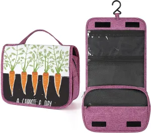 Vegetable Print,Makeup Bag Cosmetic Travel Bag with Hanging Hook,Carrot Roots Growing Farm Food Theme,Water-resistant Make Up Bag Organizer for,Full-size Container,Toiletries,Black Orange