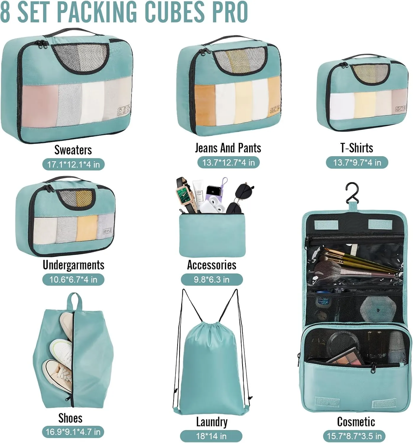 Veken 8 Set Packing Cubes for Travel Essentials, Suitcase Organizer Bags Set for Luggage, Road Trip Travel Accessories in 4 Sizes (Extra Large, Large, Medium, Small)