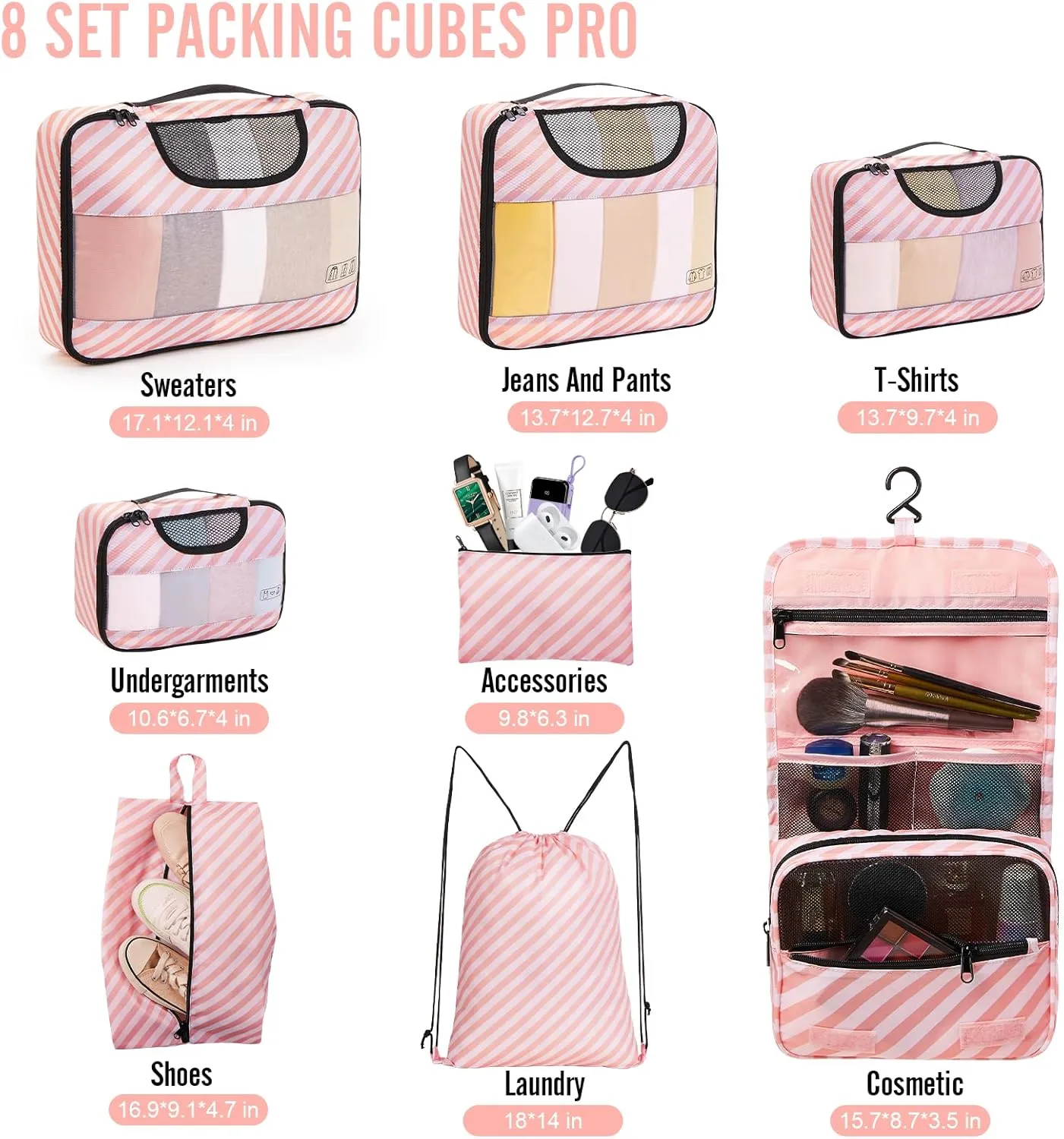 Veken 8 Set Packing Cubes, Travel Gifts for Women Mom, Carry on Suitcase Organizer Bags with Hanging Toiletry Bag and Large Laundry Bag, Travel Essentials Luggage Accessories for Cruise Ship