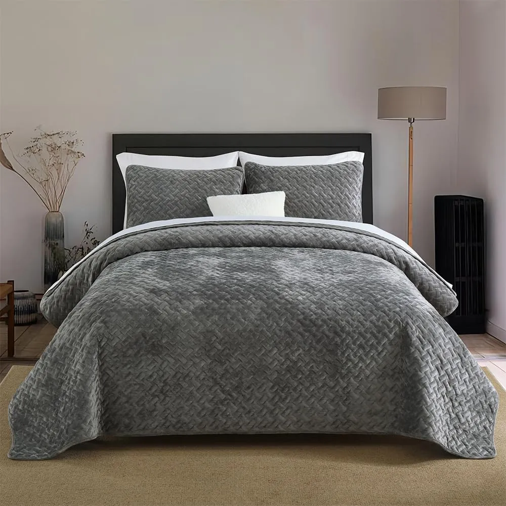 Velvet Bedspread Quilt Bedding Sets,Luxury Elegant Ultra Soft Velvet Comforters Coverlet Blankets,Weave Stitching Pattern Quilted Bedspread for All Seasons,Grey,King Size