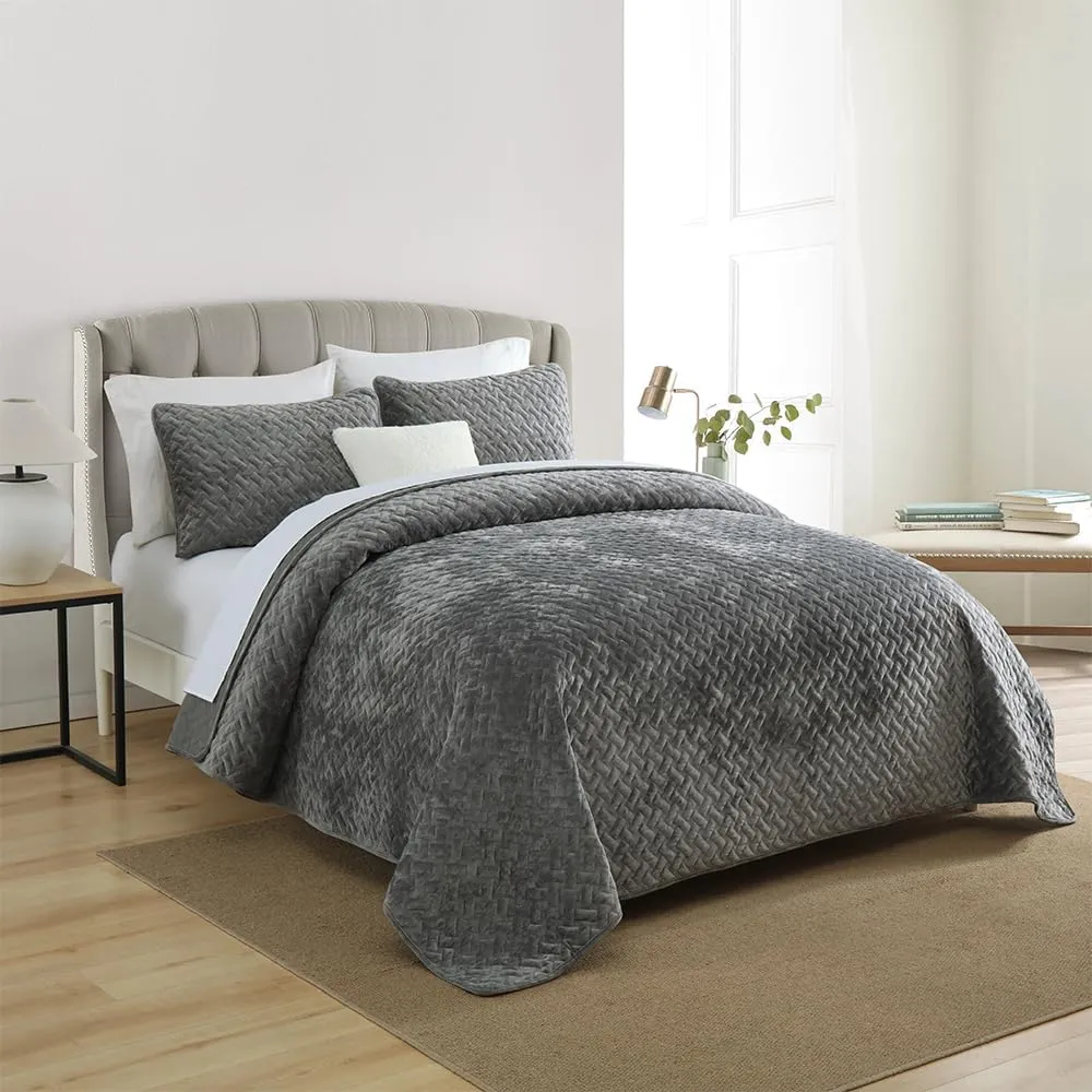 Velvet Bedspread Quilt Bedding Sets,Luxury Elegant Ultra Soft Velvet Comforters Coverlet Blankets,Weave Stitching Pattern Quilted Bedspread for All Seasons,Grey,King Size
