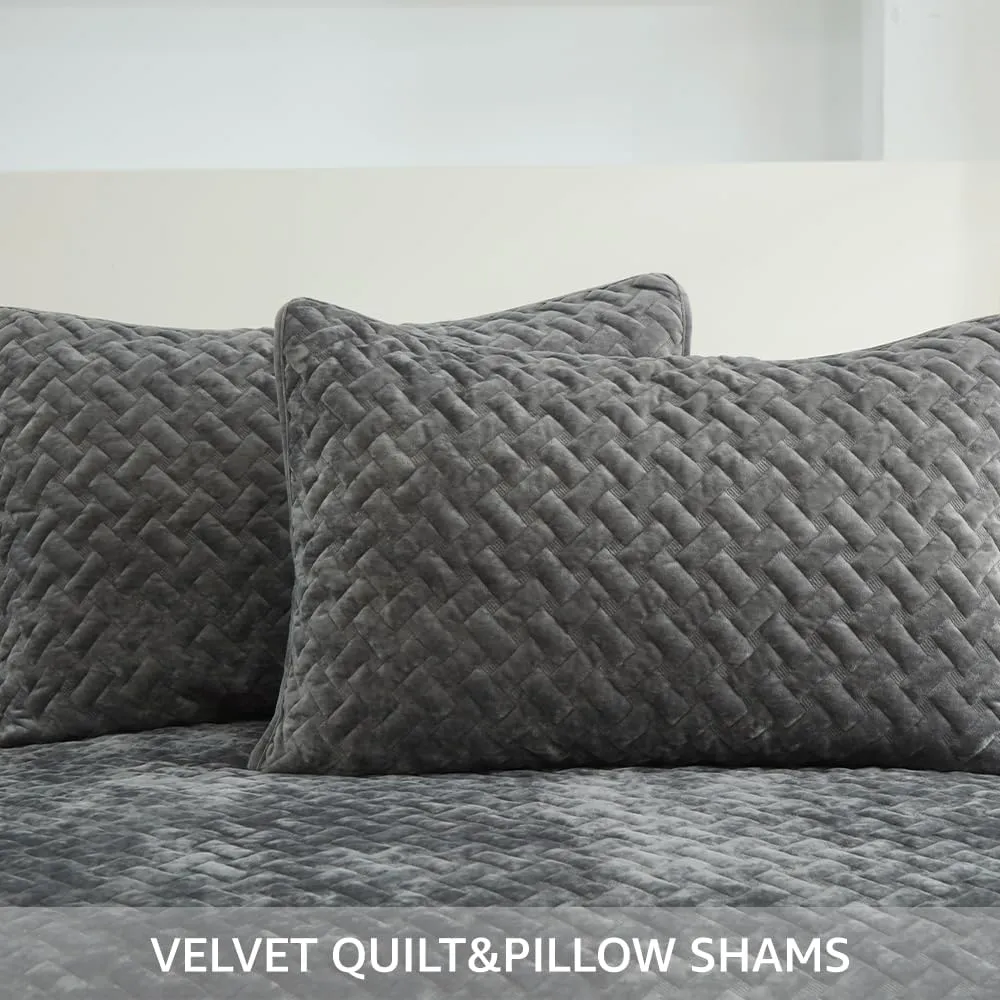 Velvet Bedspread Quilt Bedding Sets,Luxury Elegant Ultra Soft Velvet Comforters Coverlet Blankets,Weave Stitching Pattern Quilted Bedspread for All Seasons,Grey,King Size