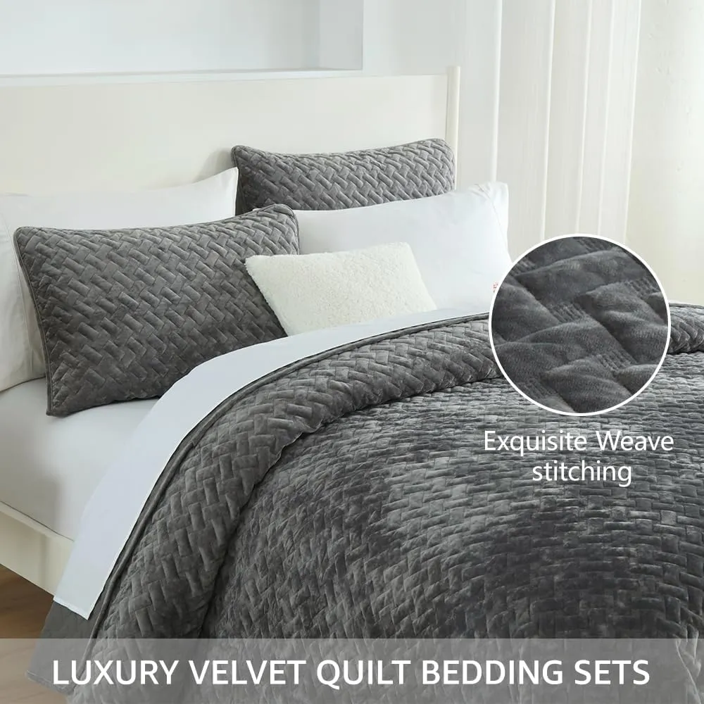 Velvet Bedspread Quilt Bedding Sets,Luxury Elegant Ultra Soft Velvet Comforters Coverlet Blankets,Weave Stitching Pattern Quilted Bedspread for All Seasons,Grey,King Size