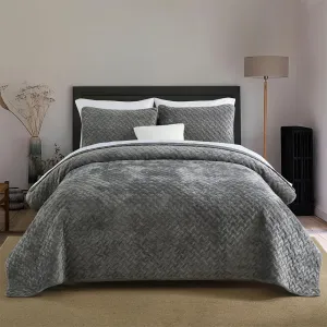 Velvet Bedspread Quilt Bedding Sets,Luxury Elegant Ultra Soft Velvet Comforters Coverlet Blankets,Weave Stitching Pattern Quilted Bedspread for All Seasons,Grey,King Size