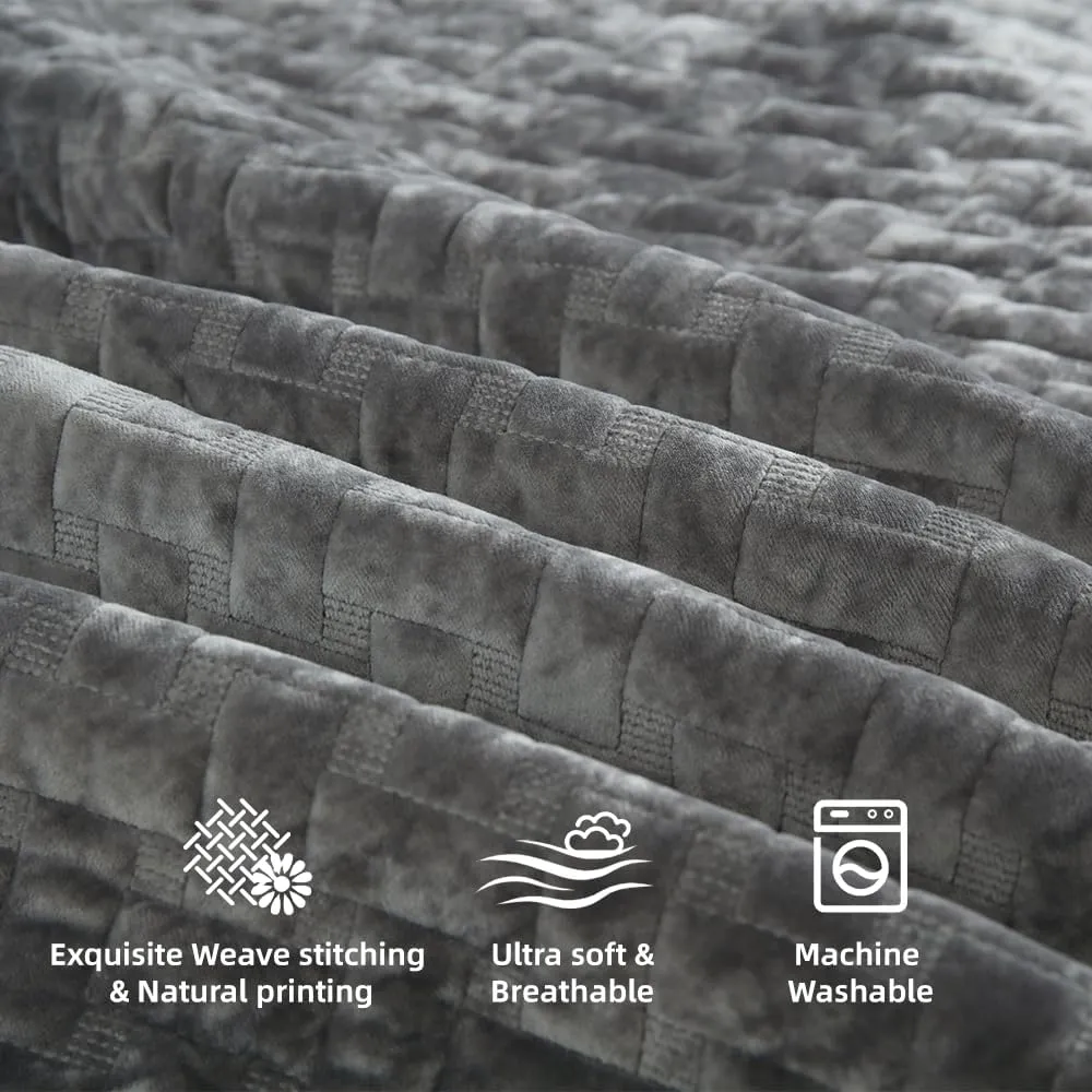 Velvet Bedspread Quilt Bedding Sets,Luxury Elegant Ultra Soft Velvet Comforters Coverlet Blankets,Weave Stitching Pattern Quilted Bedspread for All Seasons,Grey,King Size