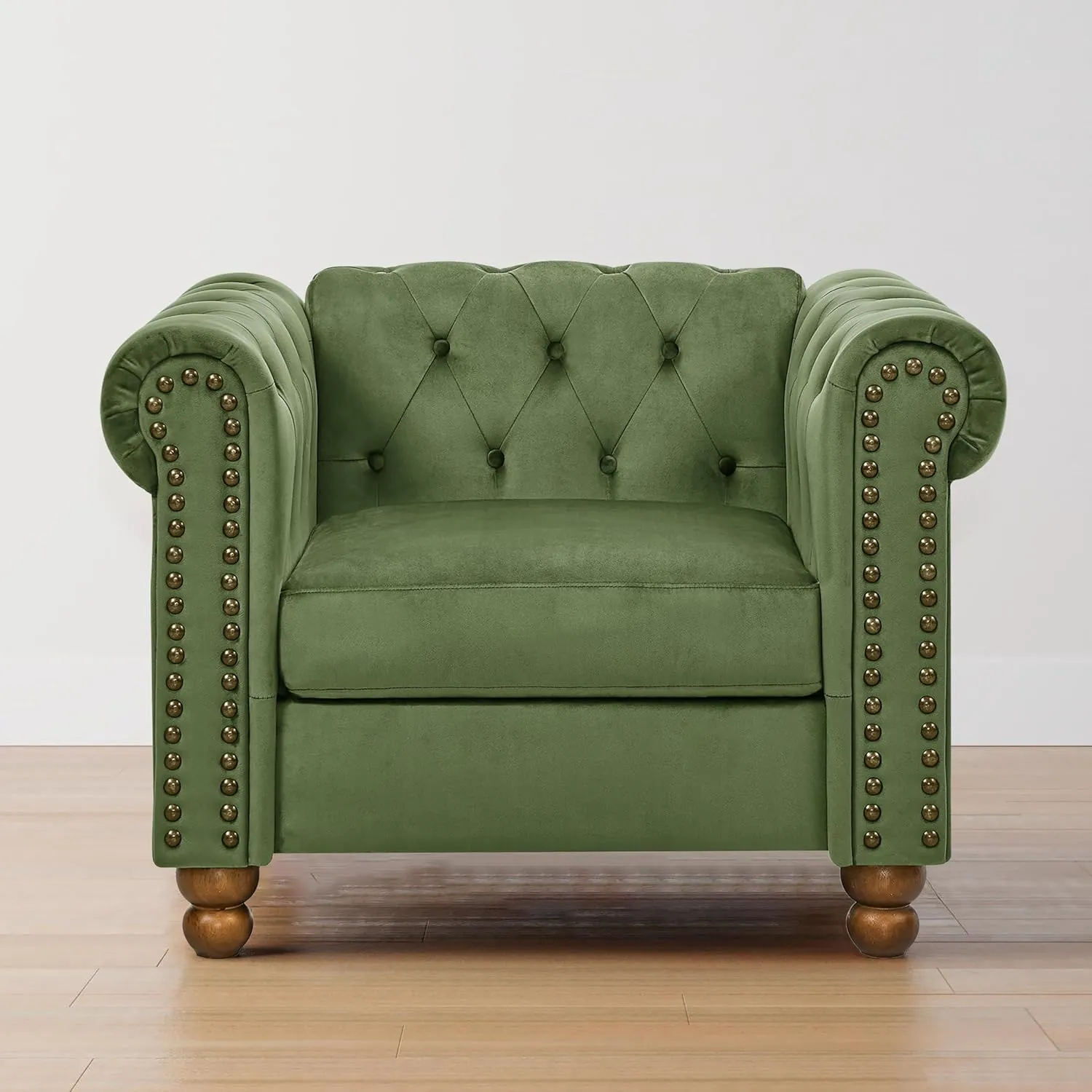 Velvet Chesterfield Chair Club Chair, Tufted Single Sofa Couch for Living Room, Accent Armchair with Nailhead Trim Green