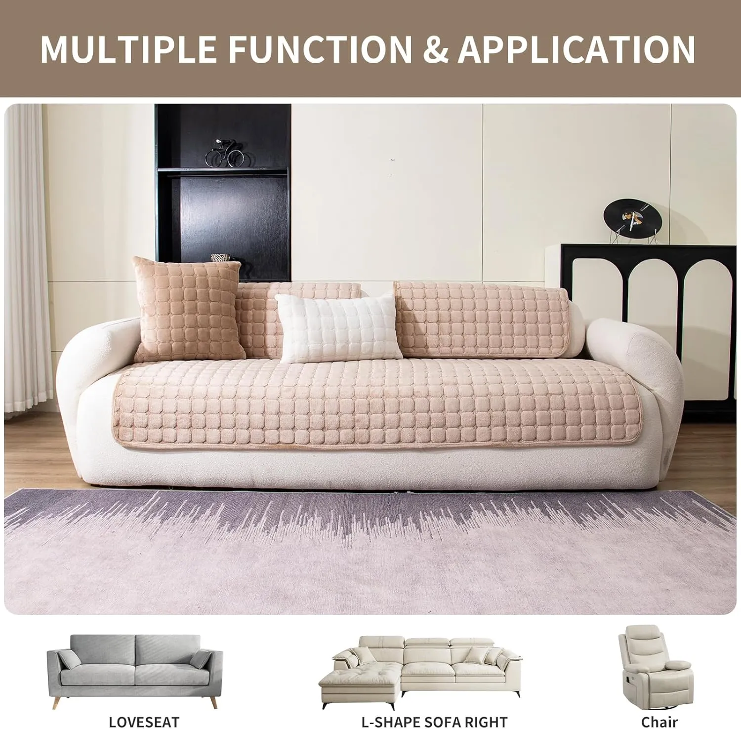 Velvet Couch Cover, Washable Sectional Sofa Cover, Anti Slip Sofa Slipcovers for 3 Cushion Couch Sofa L Shaped Recliner, Furniture Protector Covers for Pets Kids(Khaki, Only 1 PCS)