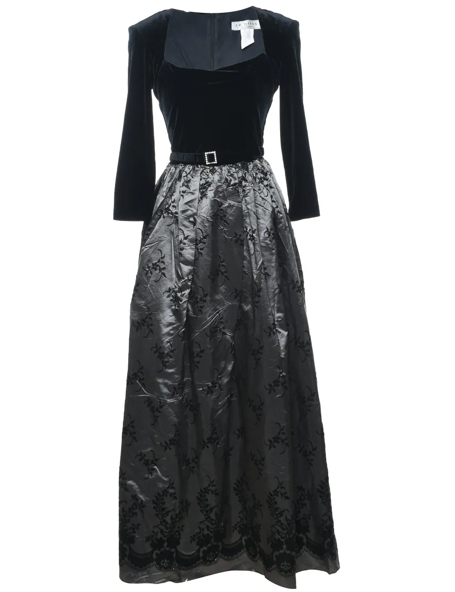 Velvet Design Black & Grey Contrast Evening Dress - S