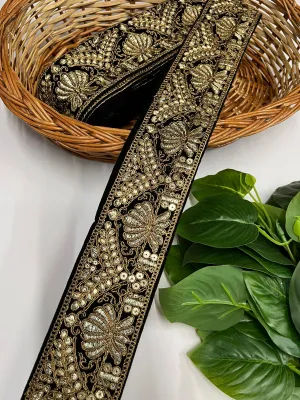 Velvet Lace Design with Zari Work Lace Reel for Dupatta, Kurtis, Suits, Bags, and Lehengas (9 Mtr) | Black