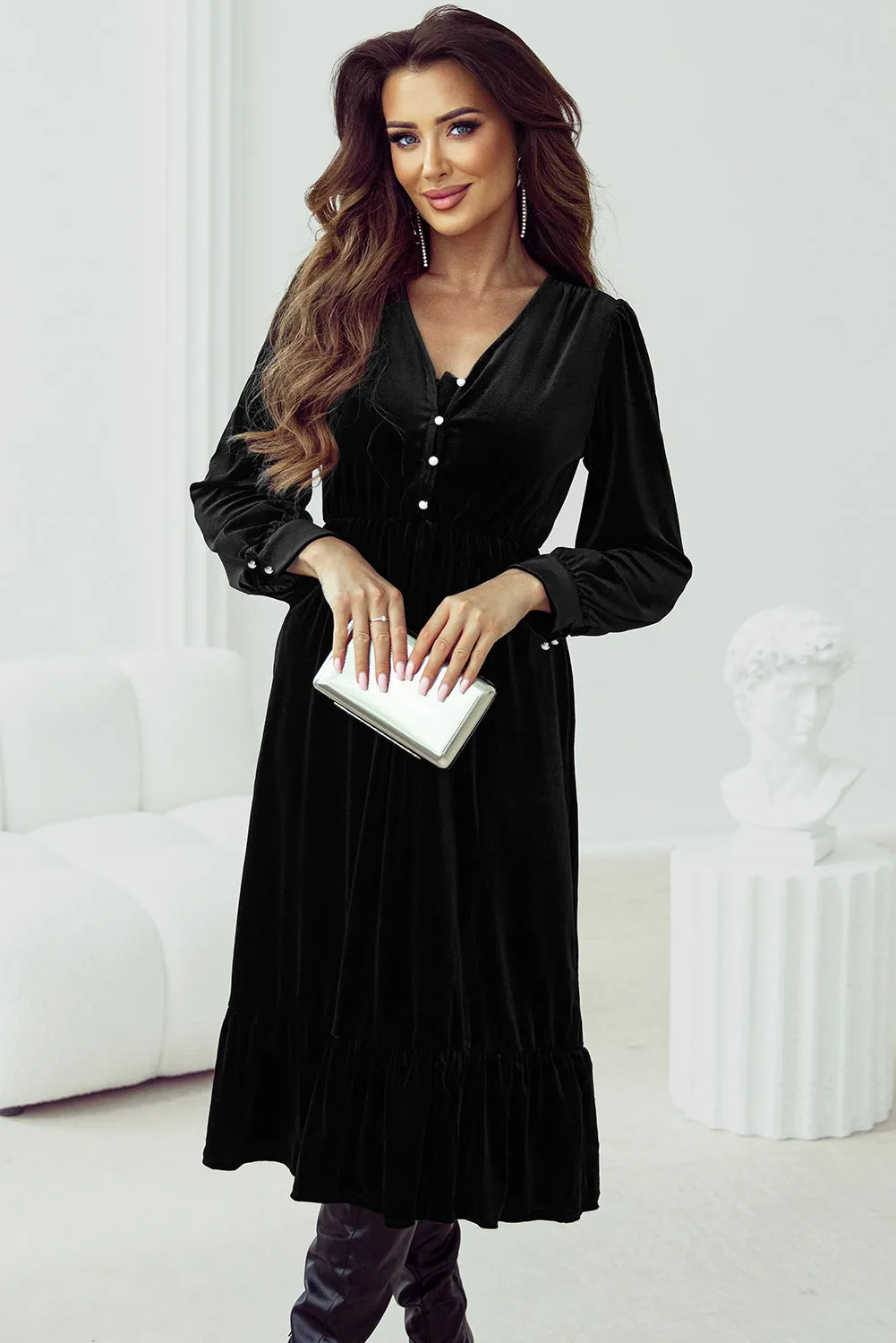 Velvet Midi Dress with Puff Sleeves and High Slit