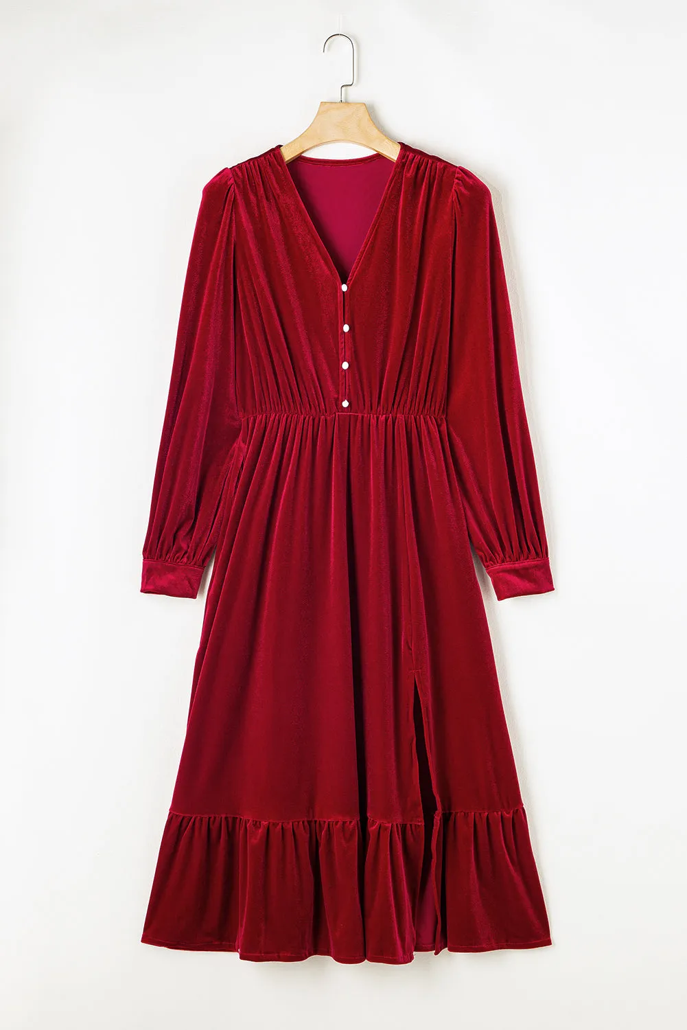 Velvet Midi Dress with Puff Sleeves and High Slit