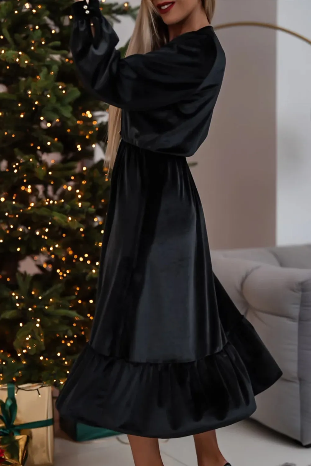 Velvet Midi Dress with Puff Sleeves and High Slit