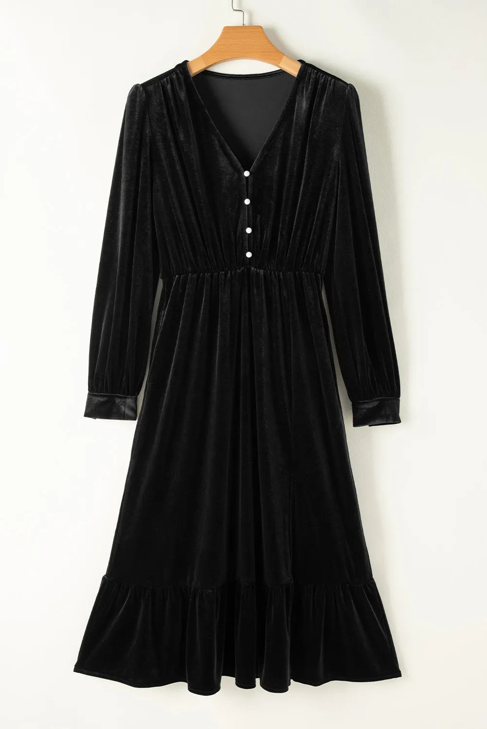 Velvet Midi Dress with Puff Sleeves and High Slit