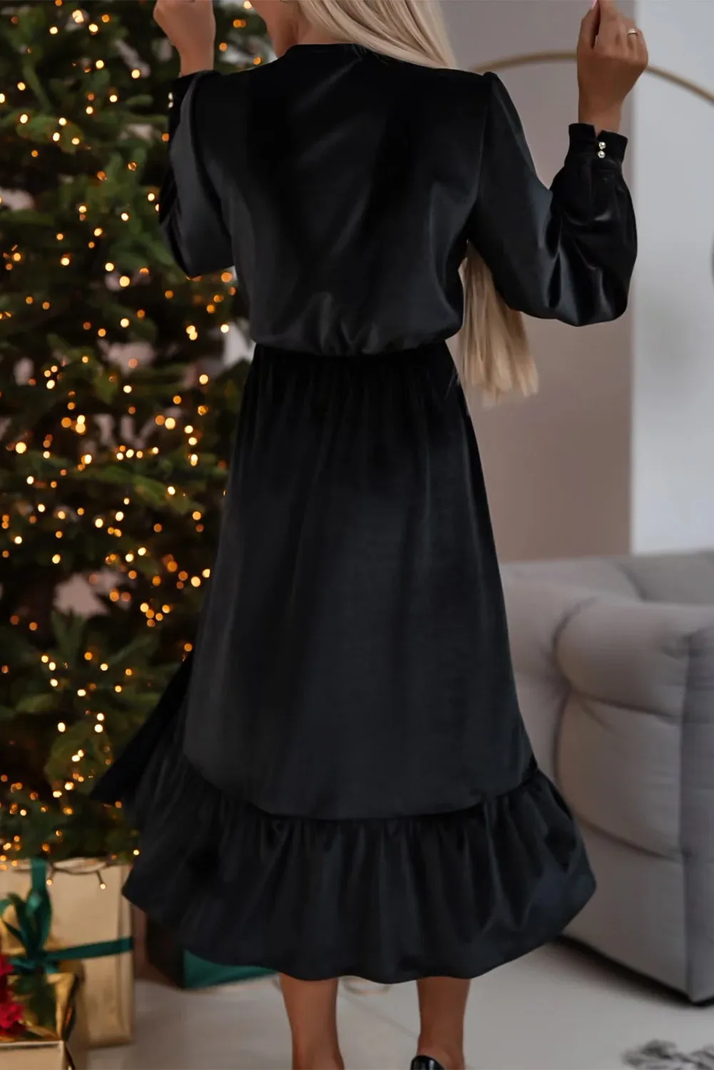Velvet Midi Dress with Puff Sleeves and High Slit