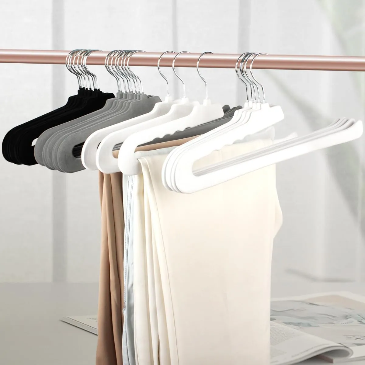 Velvet Pants Hangers,16 Pack Non Slip Felt Slack/Trouser Hanger,Slim & Sleek Heavy Duty Space Saving Closet with 360° Swivel Hook,Tank Top Hangers for Shorts,Jeans,Suit Pants,Towel(Grey)