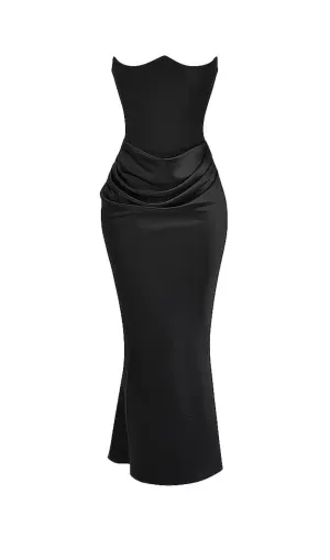 velvet strapless corset maxi dress in black
