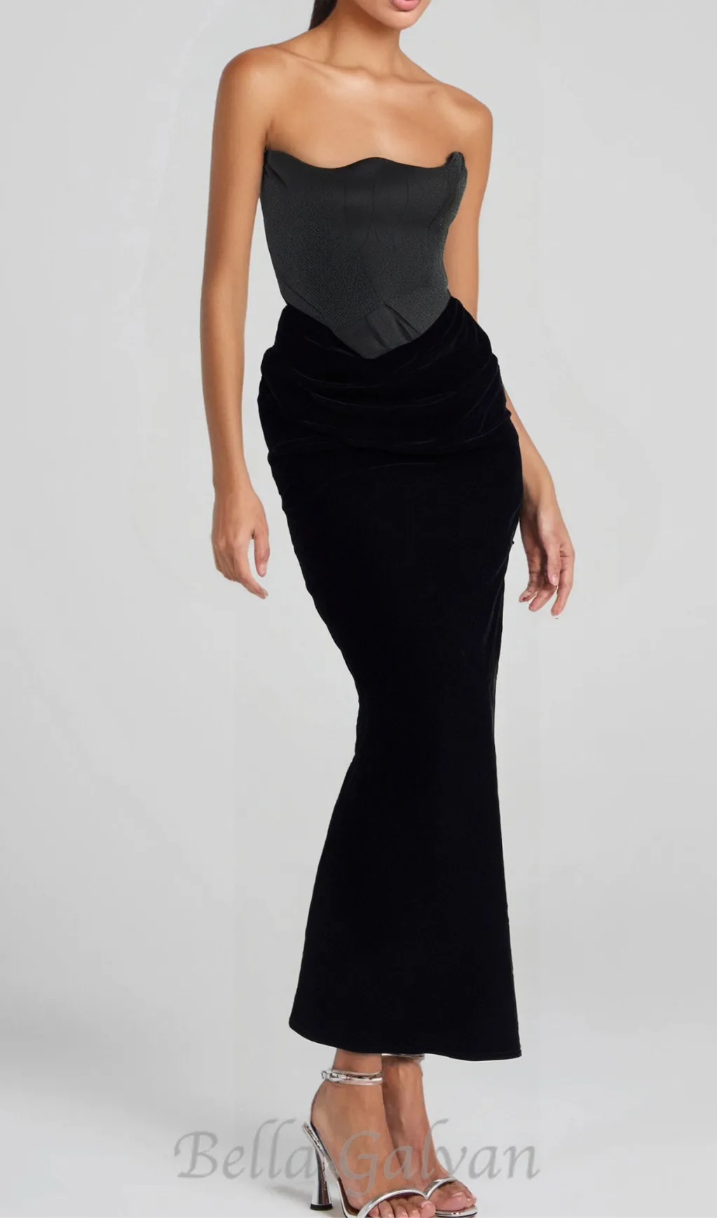 velvet strapless corset maxi dress in black