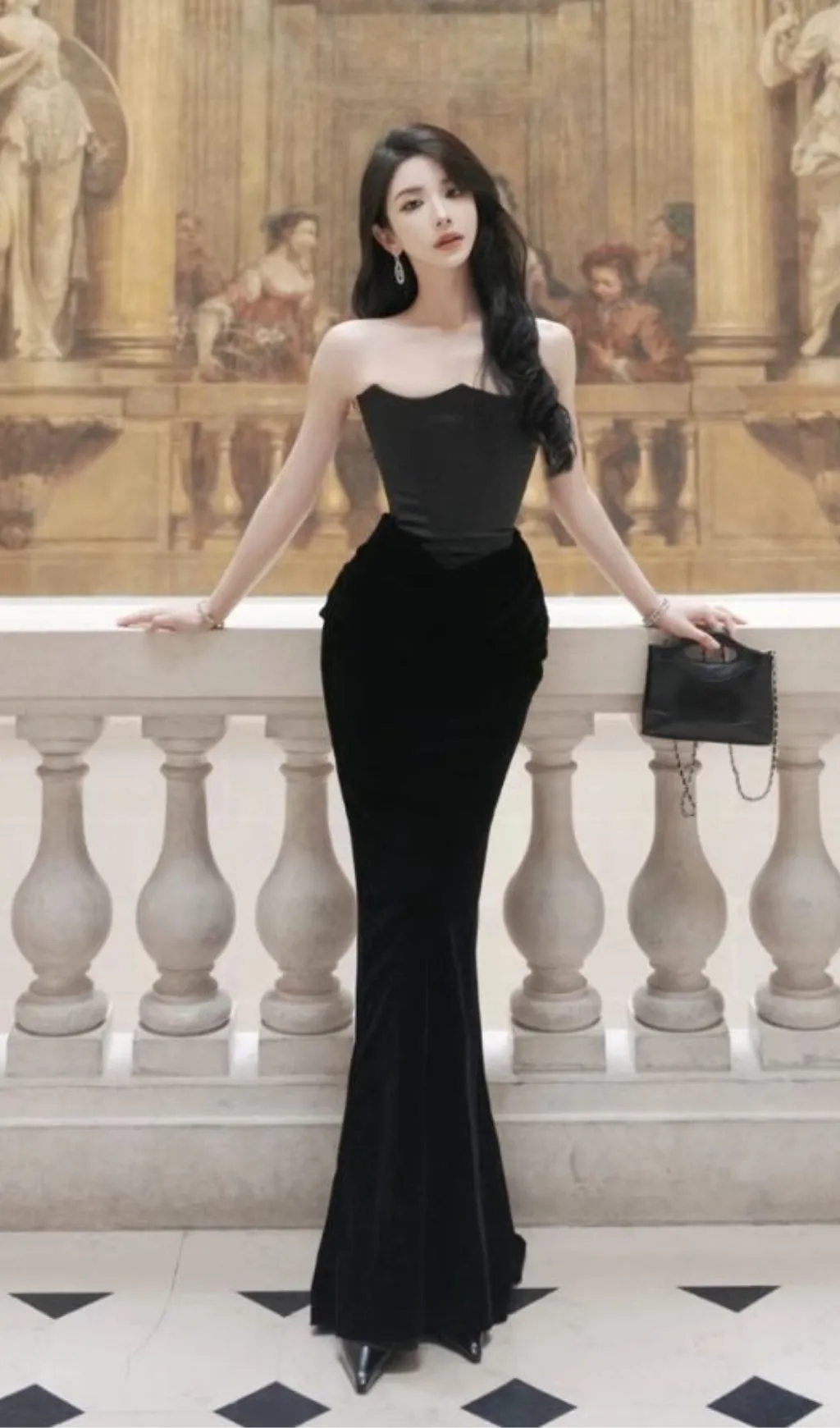 velvet strapless corset maxi dress in black