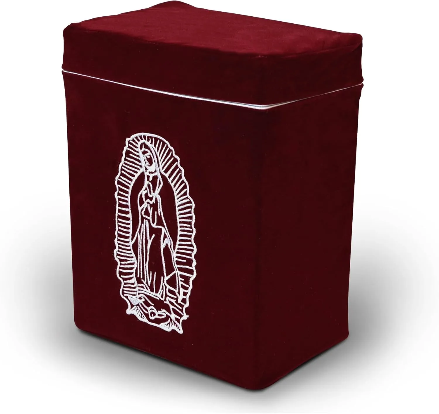 Velvet Urn Bag with TSA Approved Cremation Container | Holds Cremated Ashes of Human Adult | For Use in a Niche or Ground Burial | Fits the Crowne Burial Urn Vault (Burgundy with Our Lady)