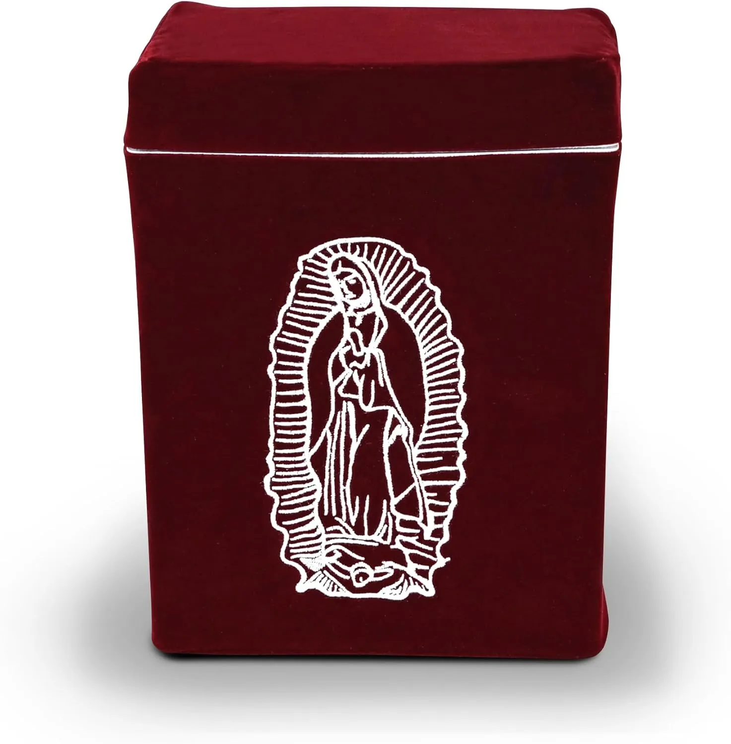 Velvet Urn Bag with TSA Approved Cremation Container | Holds Cremated Ashes of Human Adult | For Use in a Niche or Ground Burial | Fits the Crowne Burial Urn Vault (Burgundy with Our Lady)