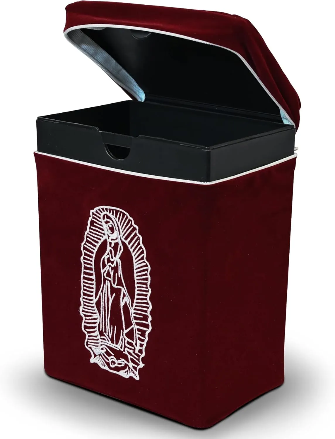 Velvet Urn Bag with TSA Approved Cremation Container | Holds Cremated Ashes of Human Adult | For Use in a Niche or Ground Burial | Fits the Crowne Burial Urn Vault (Burgundy with Our Lady)