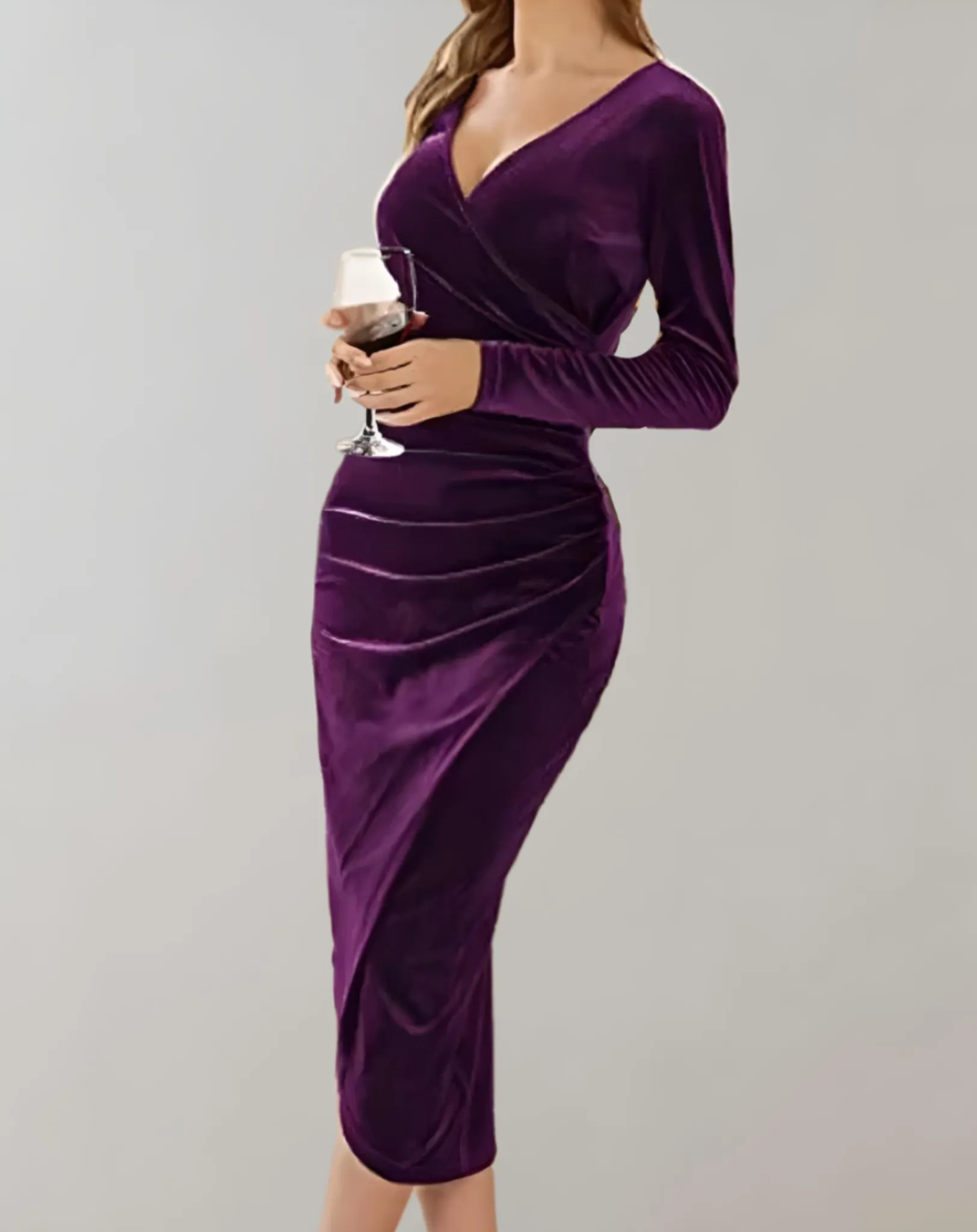 Velvet Wrap Midi Dress | Ruched Elegance | Evening Glamour