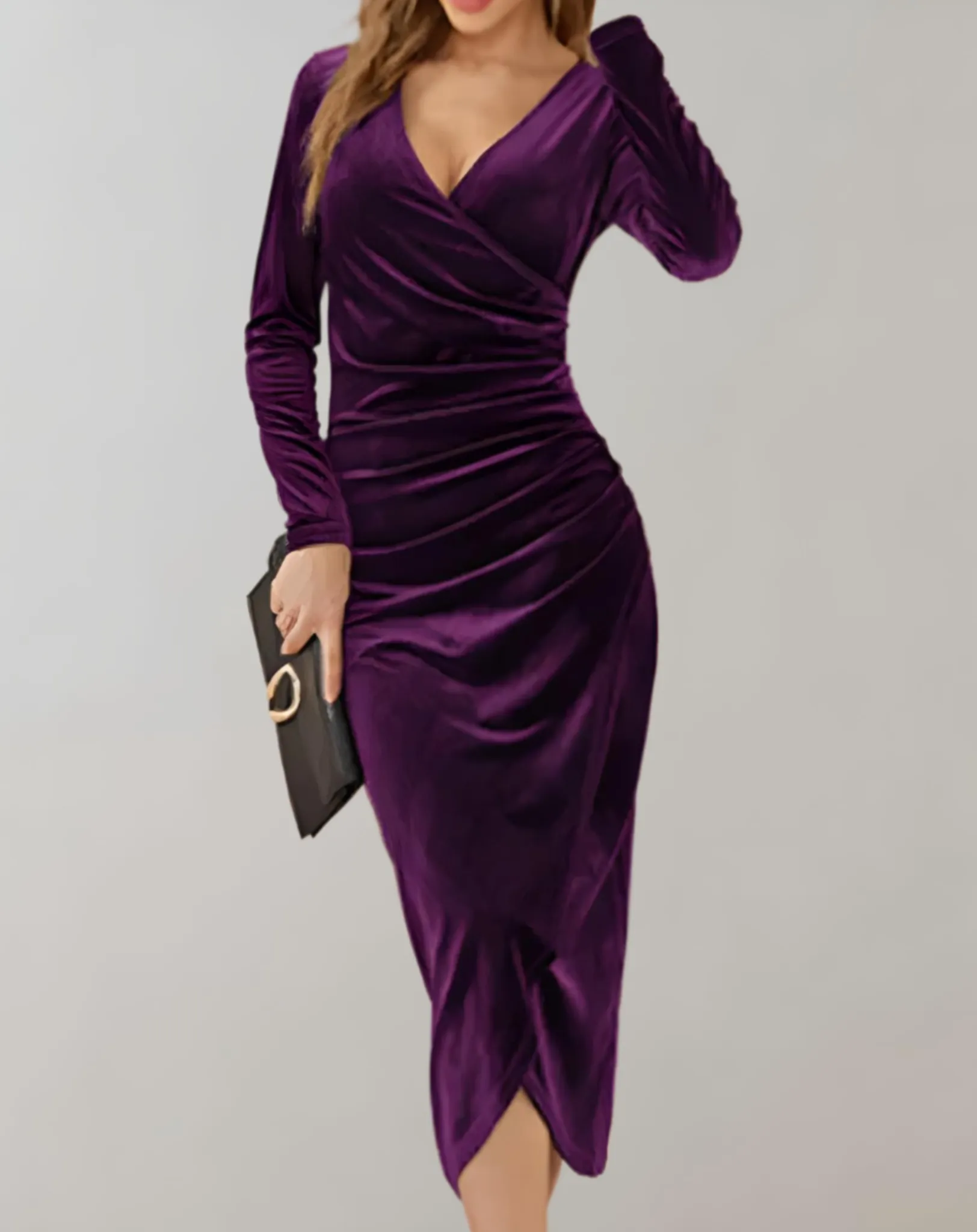Velvet Wrap Midi Dress | Ruched Elegance | Evening Glamour