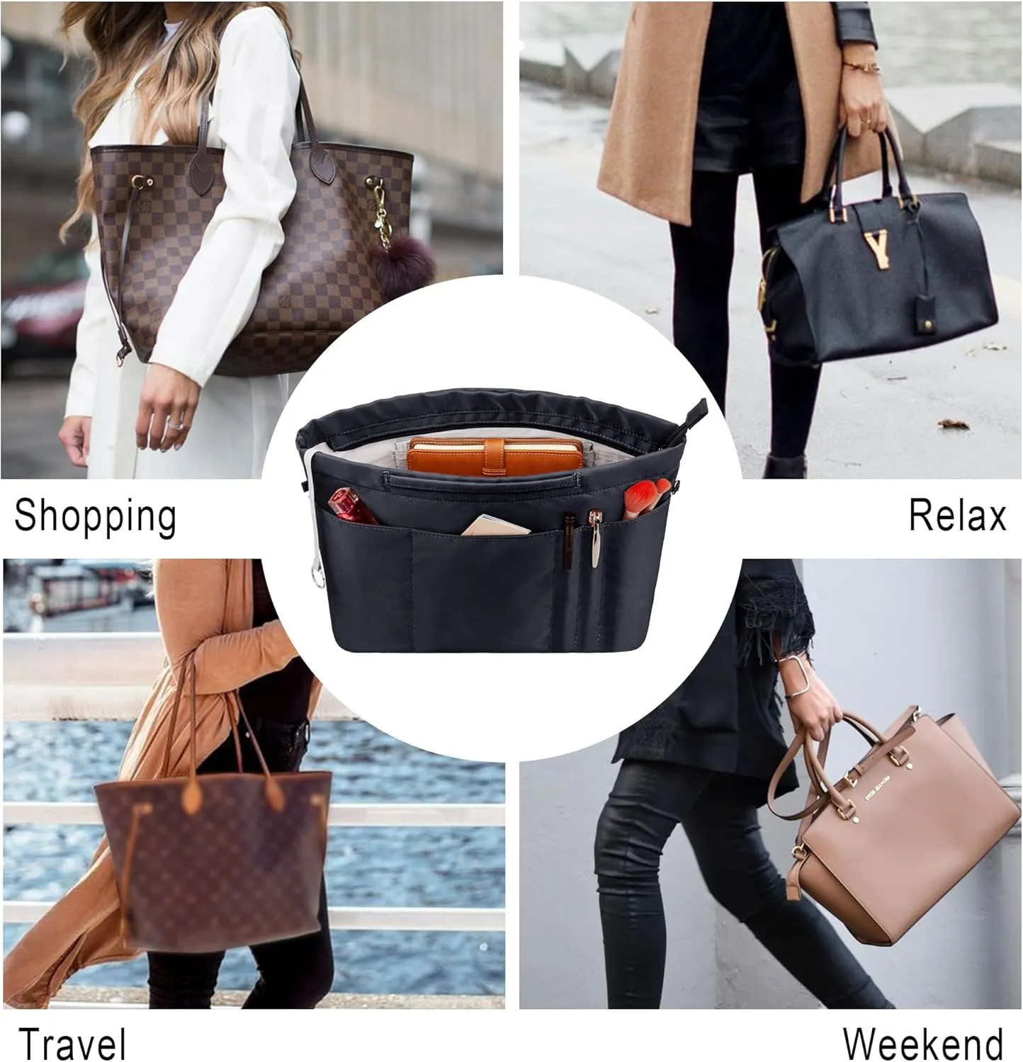 Vercord Purse Insert Organizers for Tote Handbag Bag in Bag with Zipper Liner Bag Organizer for Women 14 pockets