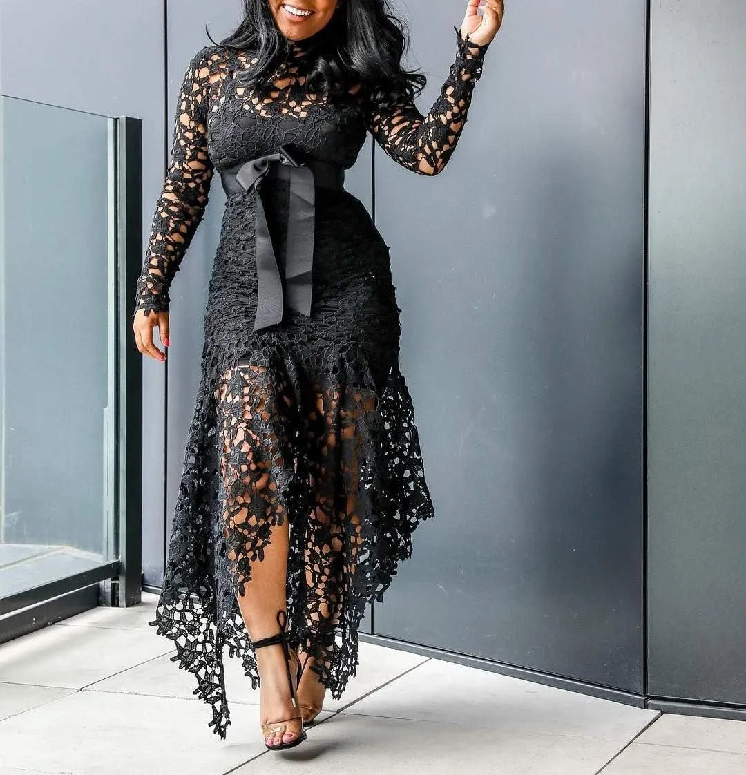 VERWIN Hollow Floor-Length Lace-Up Asymmetrical Women's Maxi Dress Sexy Lace Dress Party Evening Dress