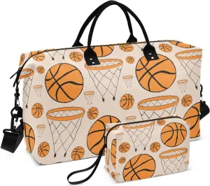 VIGTRO Travel Duffel Bag Weekender Overnight Bag with Toiletry Bag Basketball Rings and Balls Printed, Carry On Luggage Bag for Hospital Gym Travel Business, 2 Pcs Set