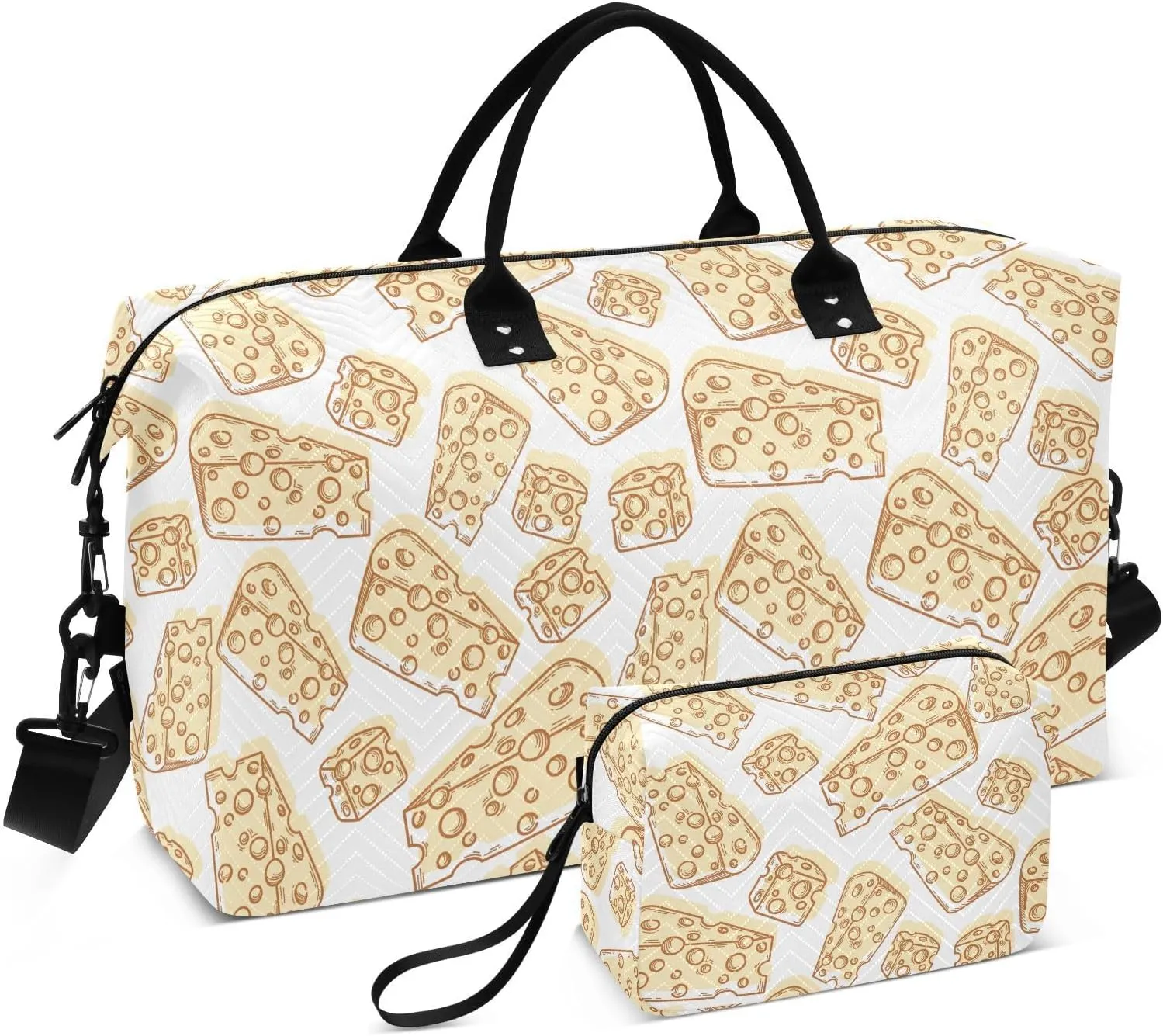 VIGTRO Travel Duffel Bag Weekender Overnight Bag with Toiletry Bag Big Cheese Pieces Holes Printed, Carry On Luggage Bag for Hospital Gym Travel Business, 2 Pcs Set