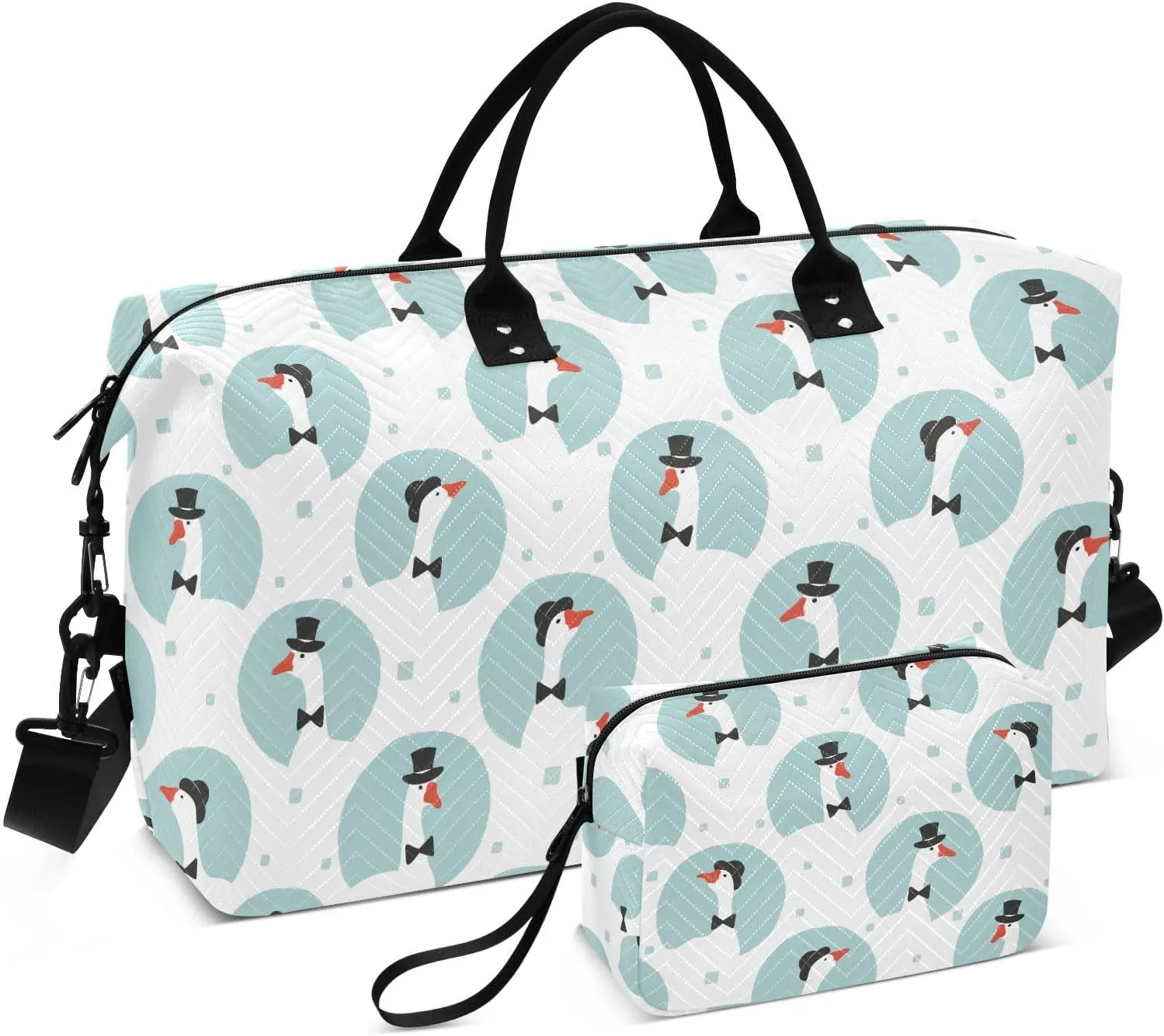 VIGTRO Travel Duffel Bag Weekender Overnight Bag with Toiletry Bag Cartoon Geese Pattern Printed, Carry On Luggage Bag for Hospital Gym Travel Business, 2 Pcs Set