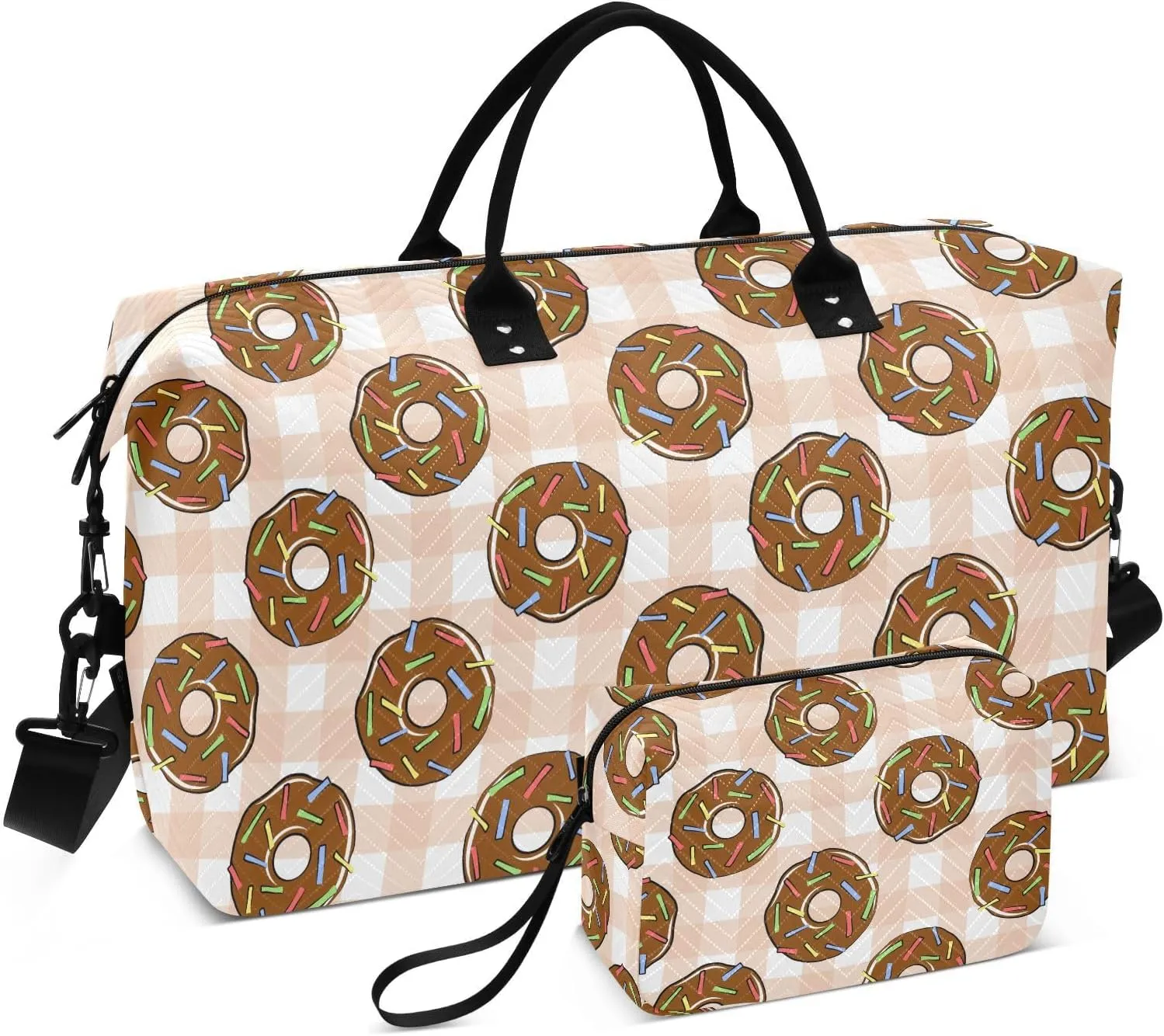 VIGTRO Travel Duffel Bag Weekender Overnight Bag with Toiletry Bag Chocolate Donut Sweet Food Printed, Carry On Luggage Bag for Hospital Gym Travel Business, 2 Pcs Set
