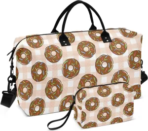 VIGTRO Travel Duffel Bag Weekender Overnight Bag with Toiletry Bag Chocolate Donut Sweet Food Printed, Carry On Luggage Bag for Hospital Gym Travel Business, 2 Pcs Set