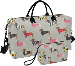 VIGTRO Travel Duffel Bag Weekender Overnight Bag with Toiletry Bag Cute Dachshunds Printed, Carry On Luggage Bag Funny Dog for Hospital Gym Travel Business, 2 Pcs Set